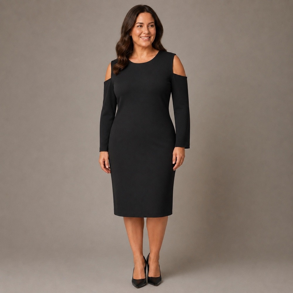 St John Couture Black Cold Shoulder Knit Sheath Dress Size 14 Gold Zip